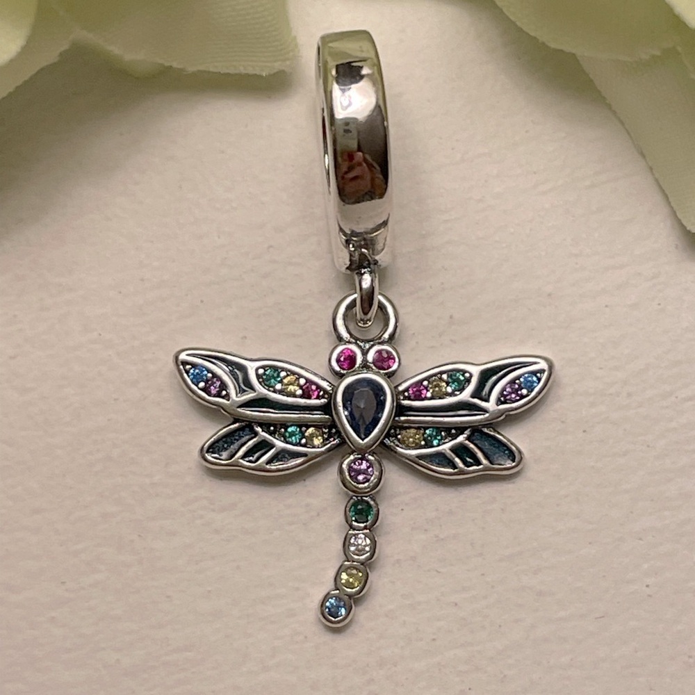 Bracelet Charm Dragonfly with Colorful Rhinestones Sterling Silver